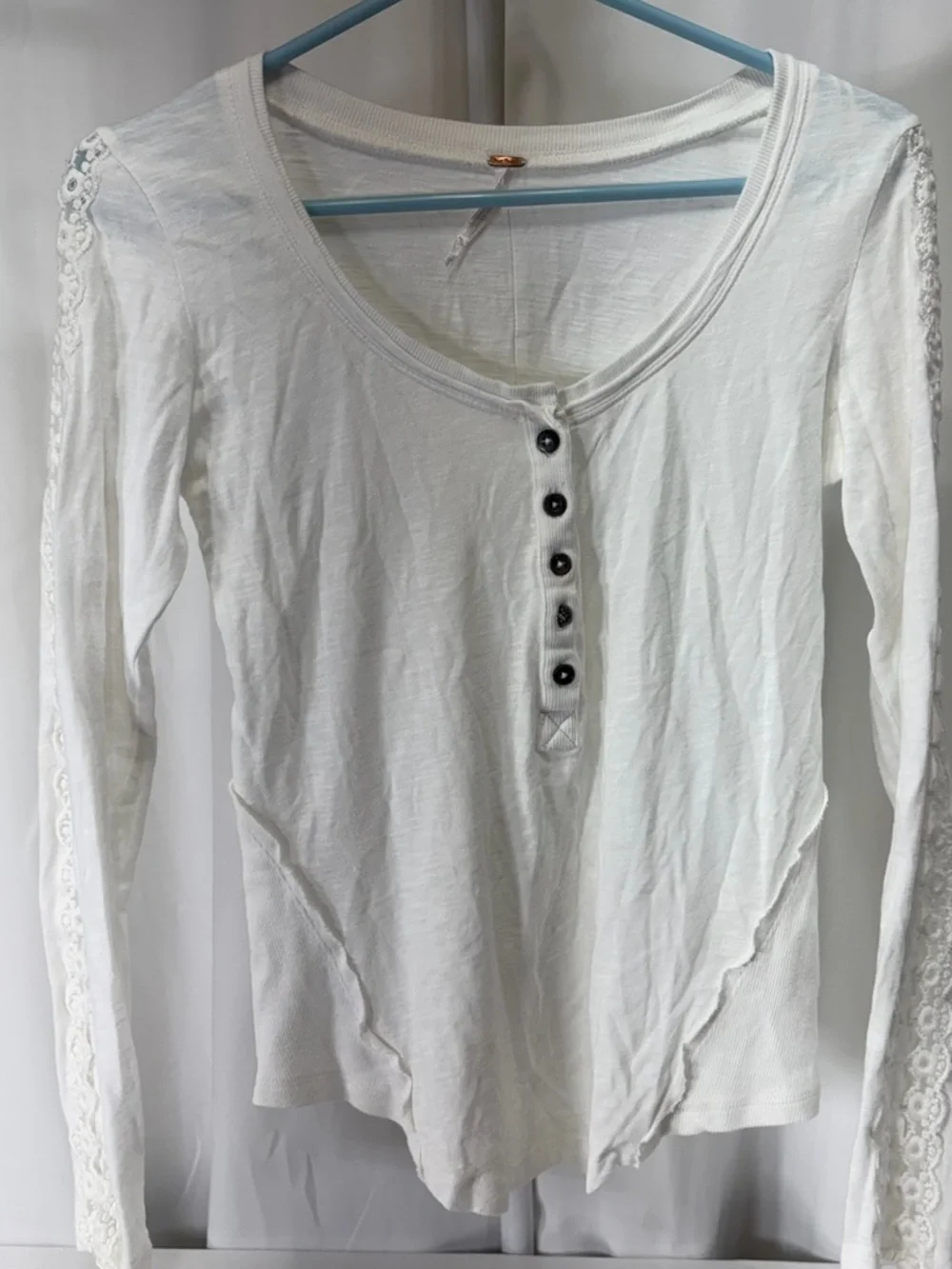 Free People Cream Lace-Trim Henley Long Sleeve Top 2968